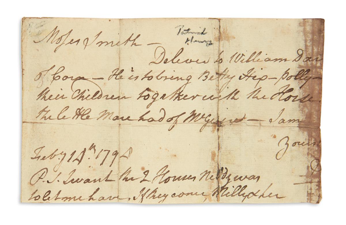 HENRY, PATRICK. Fragment of an Autograph Letter, to Moses Smith,